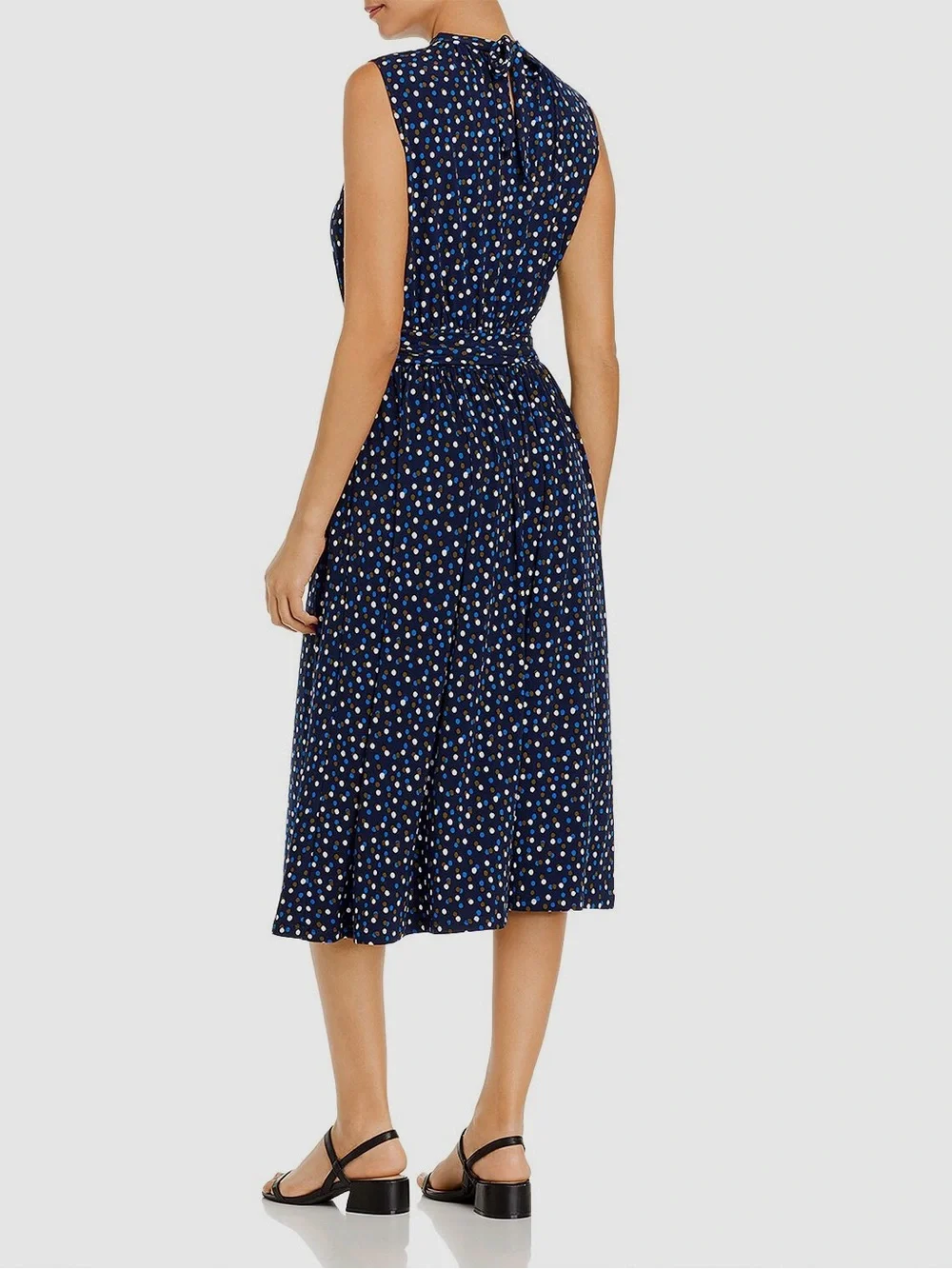 Brand New-Leota Women Blue Mindy Shirred Dot Mock-Neck Waist-Tie Midi Dress